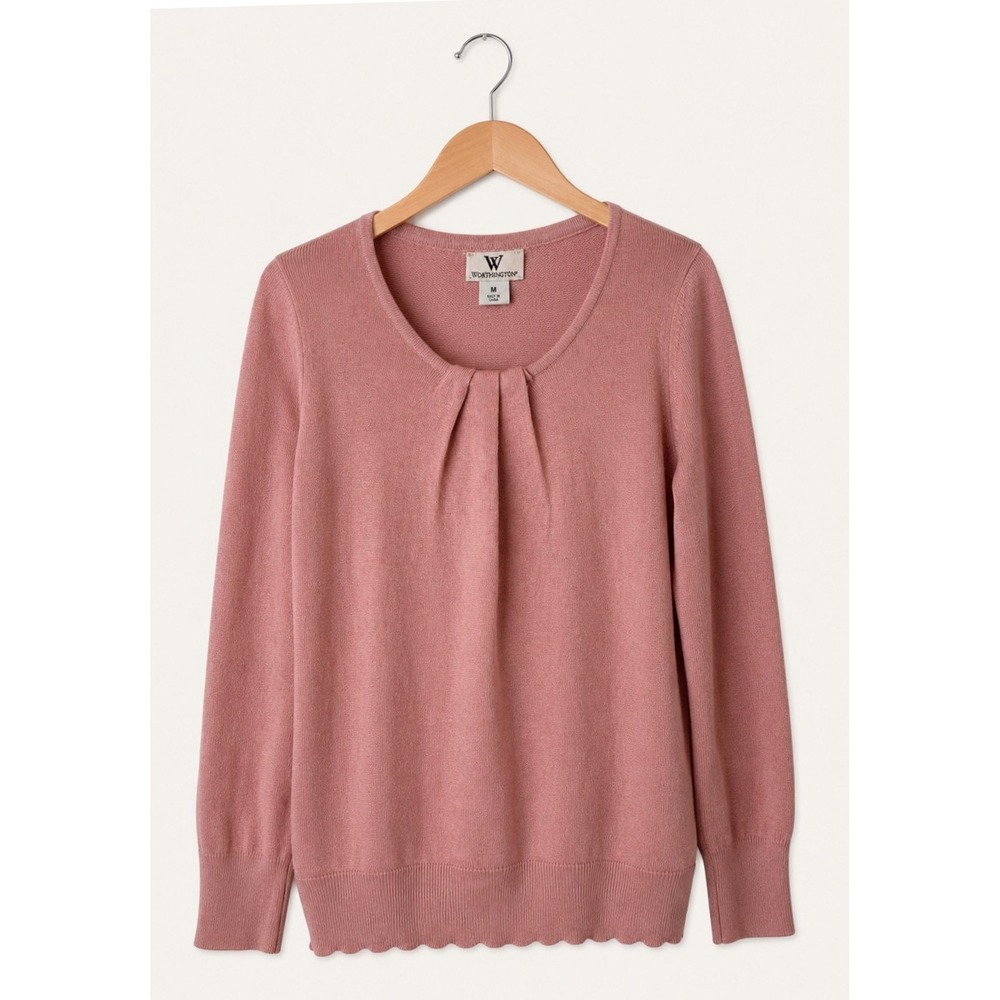 Worthington Sweater Women Medium Desert Rose Pink Knit NWT Pleated Neck Preppy